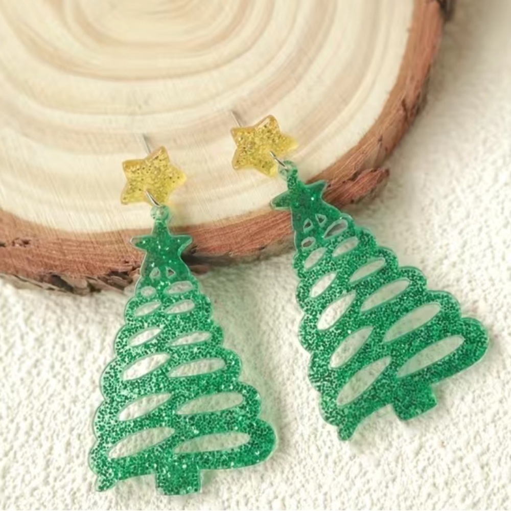GREEN Christmas Tree Design Acrylic Dangle Pierced Earrings